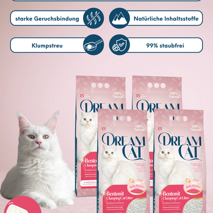 (4 x 5L) Dream Cat Katzenstreu mit Babypuder Duft- Feine Klumpstreu aus Bentonit, 20L