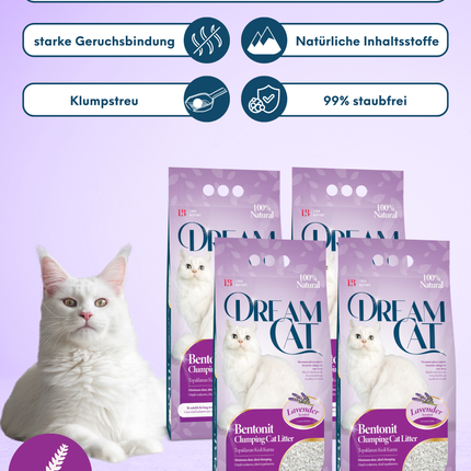 (4 x 5L) Dream Cat Katzenstreu mit Lavandelduft- Feine Klumpstreu aus Bentonit, 20L