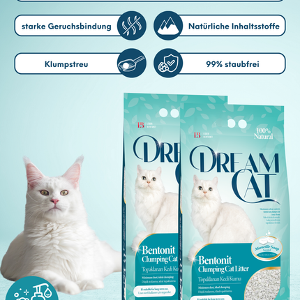 (2 x 10L) Dream Cat Katzenstreu mit Marseille Seifenduft- Feine Klumpstreu aus Bentonit, 20L