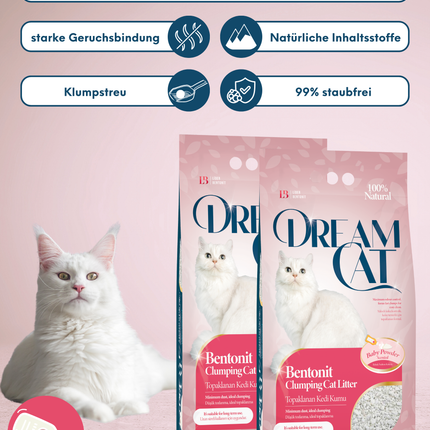 (2 x 10L) Dream Cat Katzenstreu mit Babypuder Duft- Feine Klumpstreu aus Bentonit, 20L