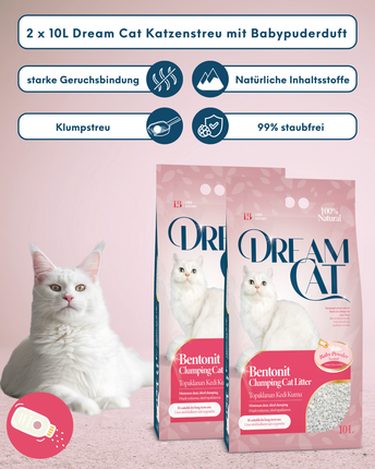 (2 x 10L) Dream Cat Katzenstreu mit Babypuder Duft- Feine Klumpstreu aus Bentonit, 20L