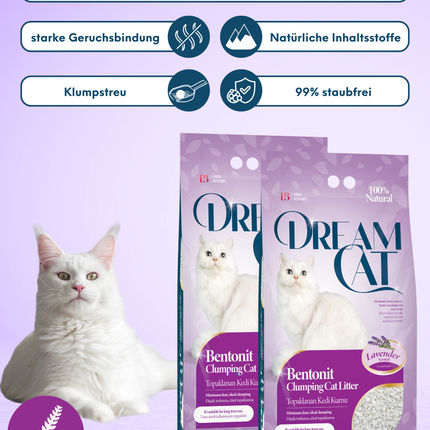 (2 x 10L) Dream Cat Katzenstreu mit Lavandelduft- Feine Klumpstreu aus Bentonit, 20L
