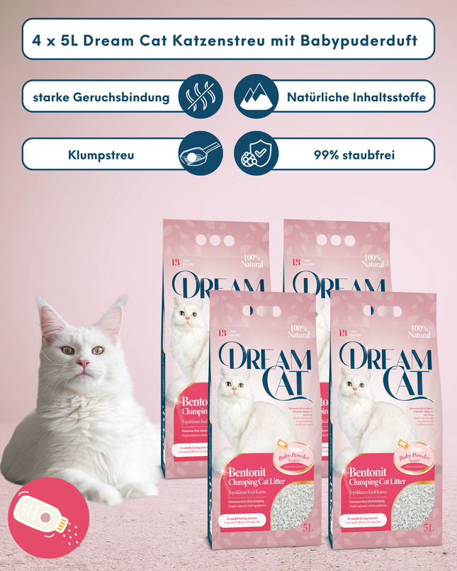 (4 x 5L) Dream Cat Katzenstreu mit Babypuder Duft- Feine Klumpstreu aus Bentonit, 20L