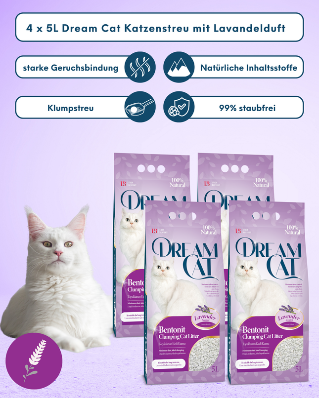 (4 x 5L) Dream Cat Katzenstreu mit Lavandelduft- Feine Klumpstreu aus Bentonit, 20L