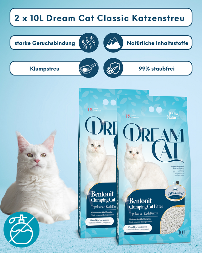 (2 x 10L) Dream Cat Classic Katzenstreu- Feine Klumpstreu aus Bentonit, 20L
