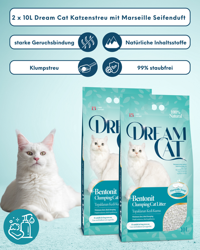(2 x 10L) Dream Cat Katzenstreu mit Marseille Seifenduft- Feine Klumpstreu aus Bentonit, 20L