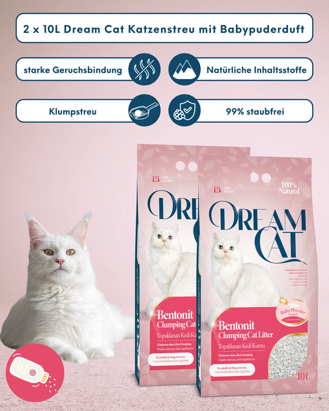 (2 x 10L) Dream Cat Katzenstreu mit Babypuder Duft- Feine Klumpstreu aus Bentonit, 20L