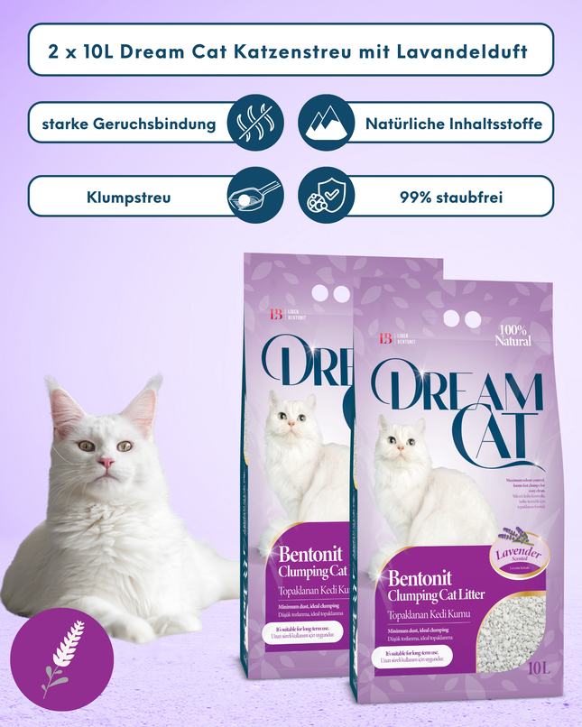 (2 x 10L) Dream Cat Katzenstreu mit Lavandelduft- Feine Klumpstreu aus Bentonit, 20L
