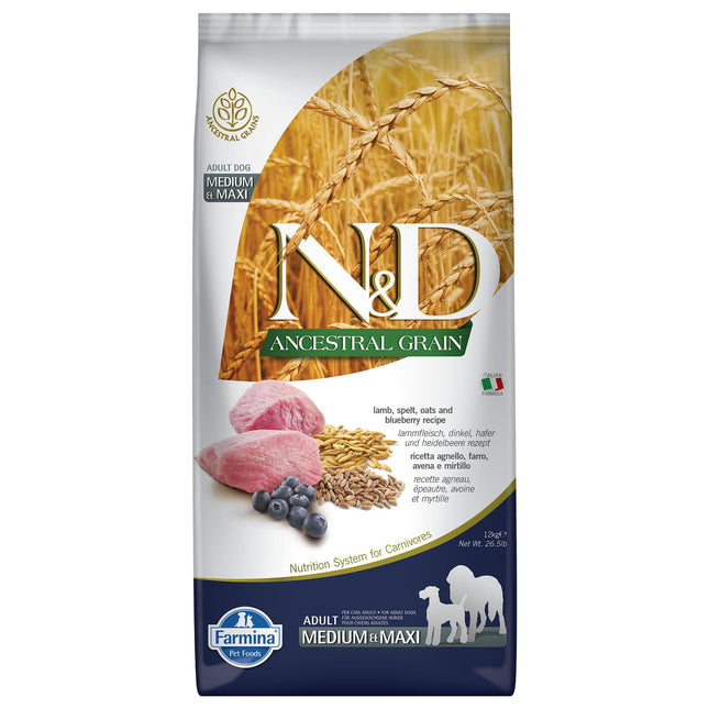 Dog Ancestral Grain Adult Med/Max Agneau, épeautre, avoine et myrtille, 12kg