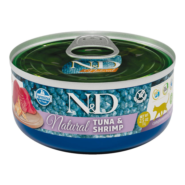 Cat N&amp;D Nourriture humide naturelle pour adulte au thon et aux crevettes, 70 g