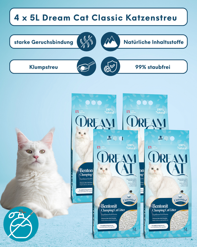 (4 x 5L) Dream Cat Classic Katzenstreu- Feine Klumpstreu aus Bentonit, 20L